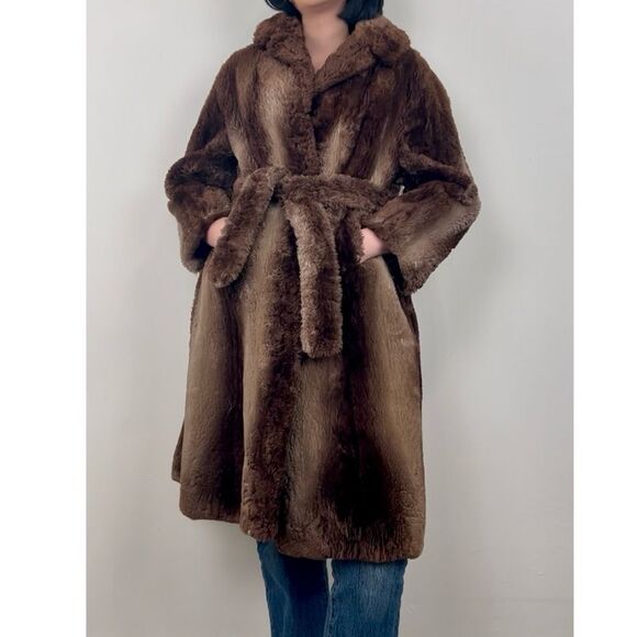 Vintage JB Johnson Brown Belted Genuine Goat Fur Coat - Picture 4 of 8